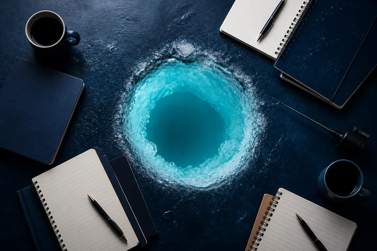 Author notebooks and source notes around an icy round table
