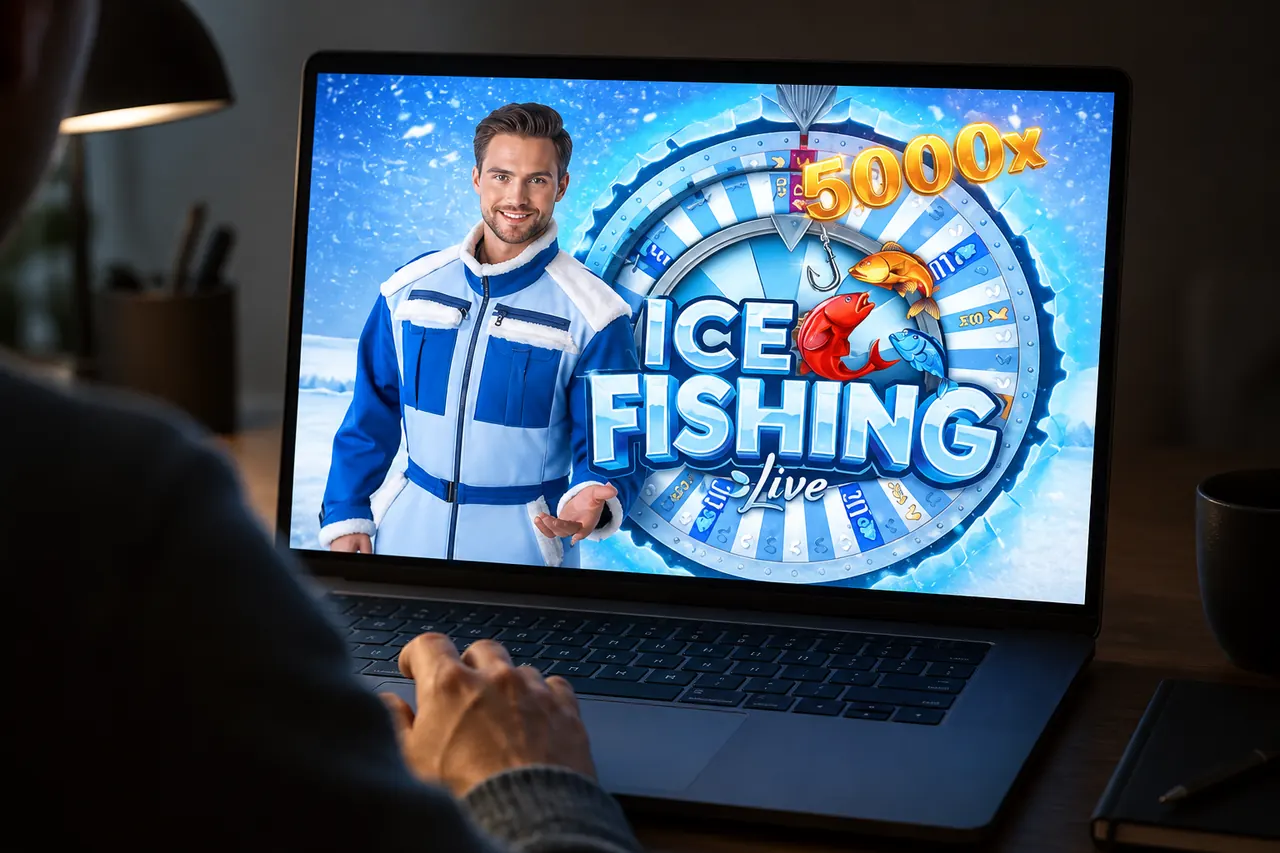 Laptop on a desk showing the Ice Fishing Live wheel and host on screen