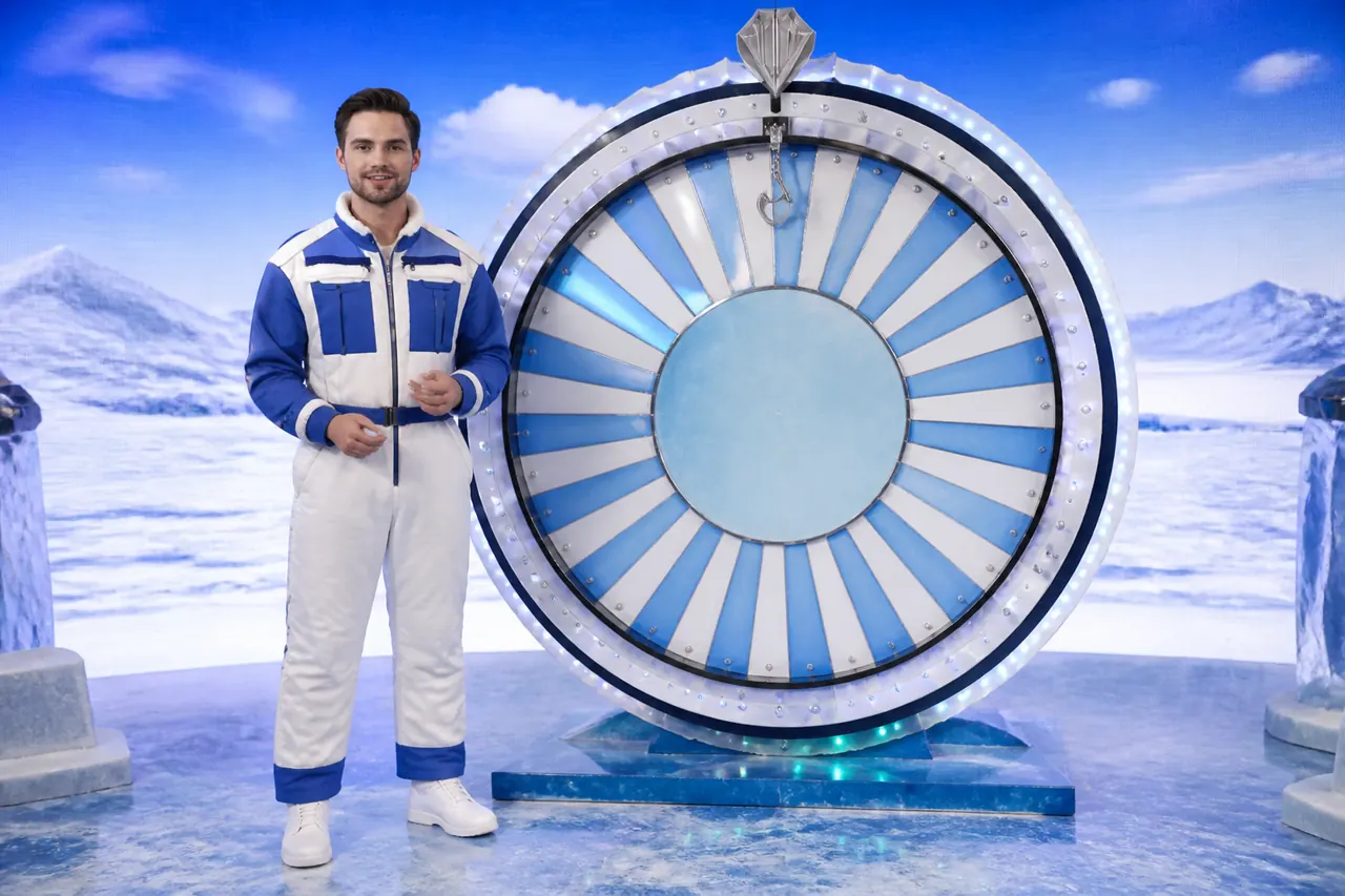 Ice Fishing Live idle studio with the host beside the icy money wheel before a spin