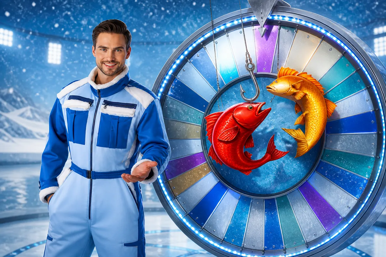 Live Ice Fishing studio with the winter-suited host, icy money wheel, and red and yellow fish