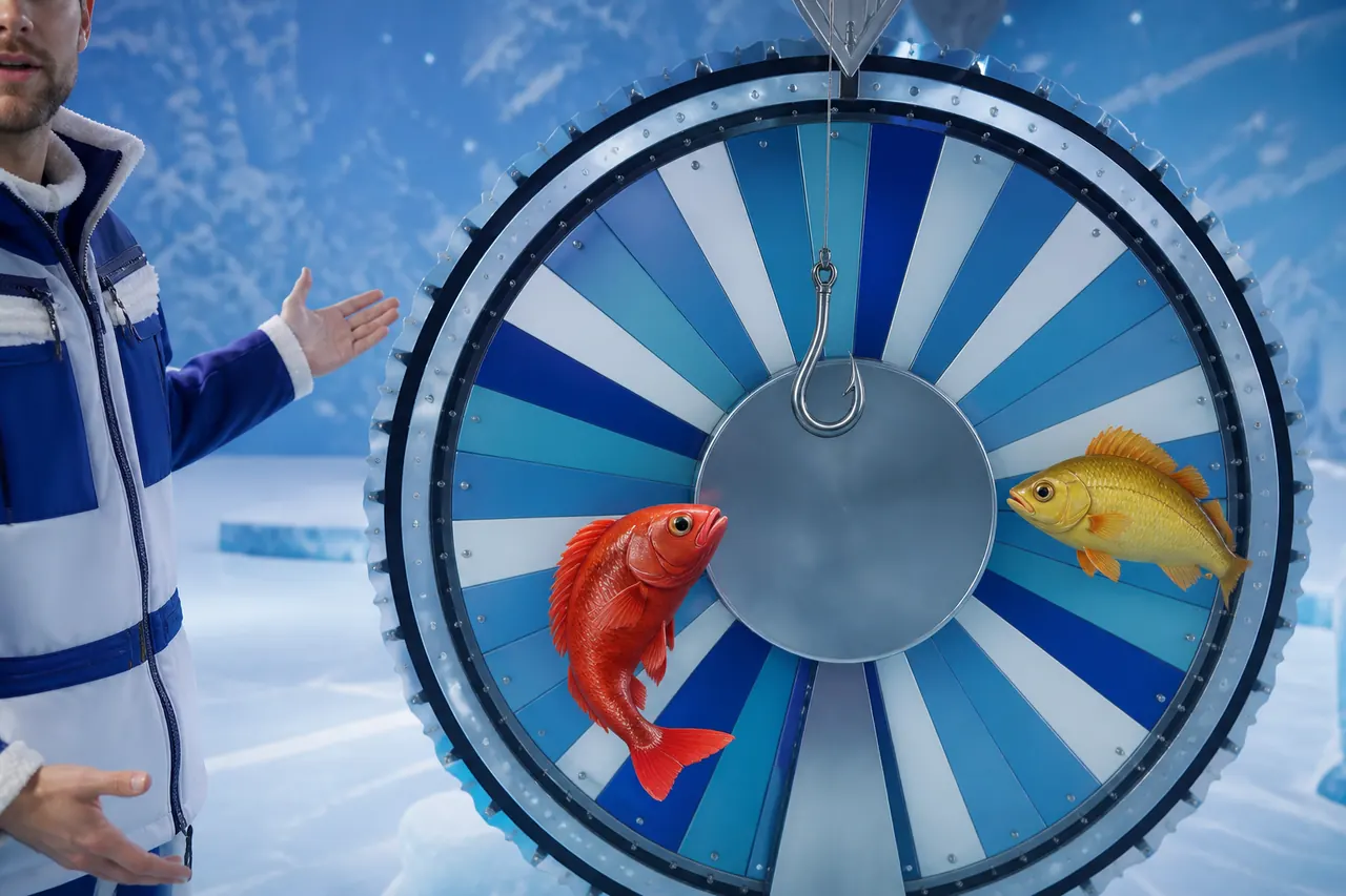 Close camera of the Ice Fishing Live wheel with a hook and the host gesturing toward the spin