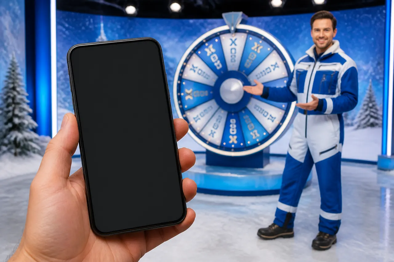 Phone in front of the Ice Fishing Live studio wheel and winter-suited host