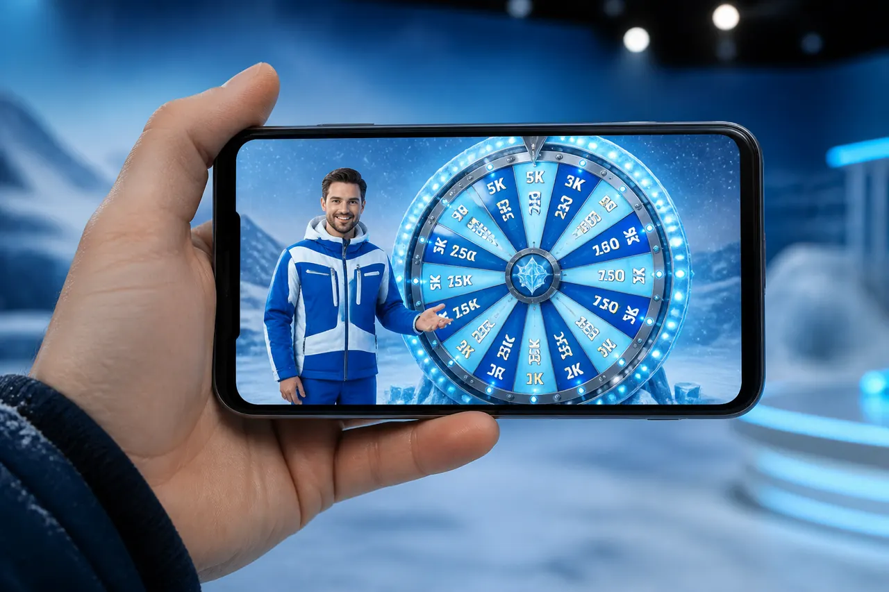 Hand holding a phone that shows the Ice Fishing Live wheel and host