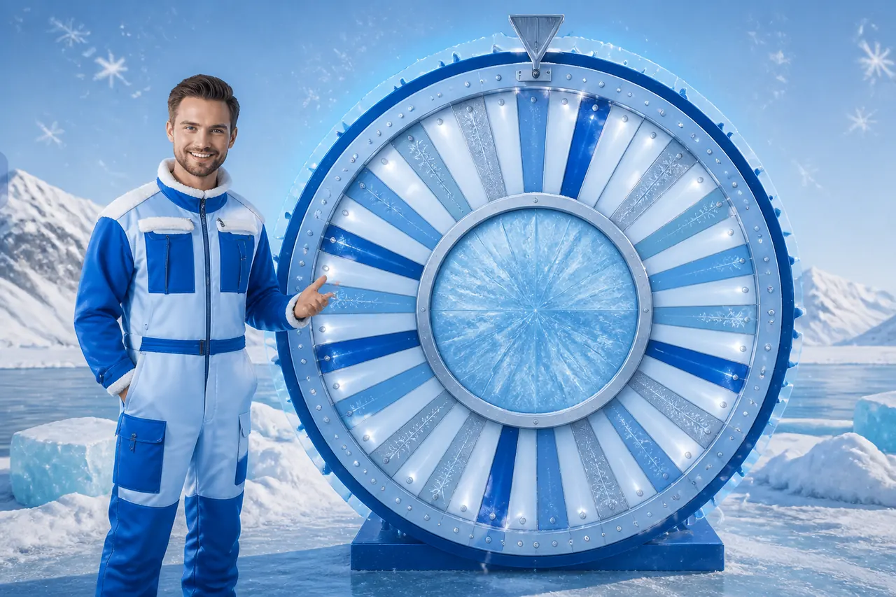 Full live-studio camera of the Ice Fishing money wheel with no phone in frame