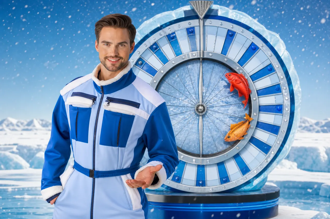 Clean live-studio shot of the Ice Fishing host standing in front of the icy wheel