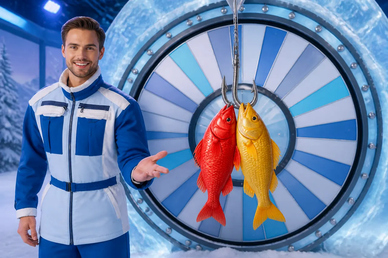 Red and yellow fish on the hook in front of the Ice Fishing Live wheel