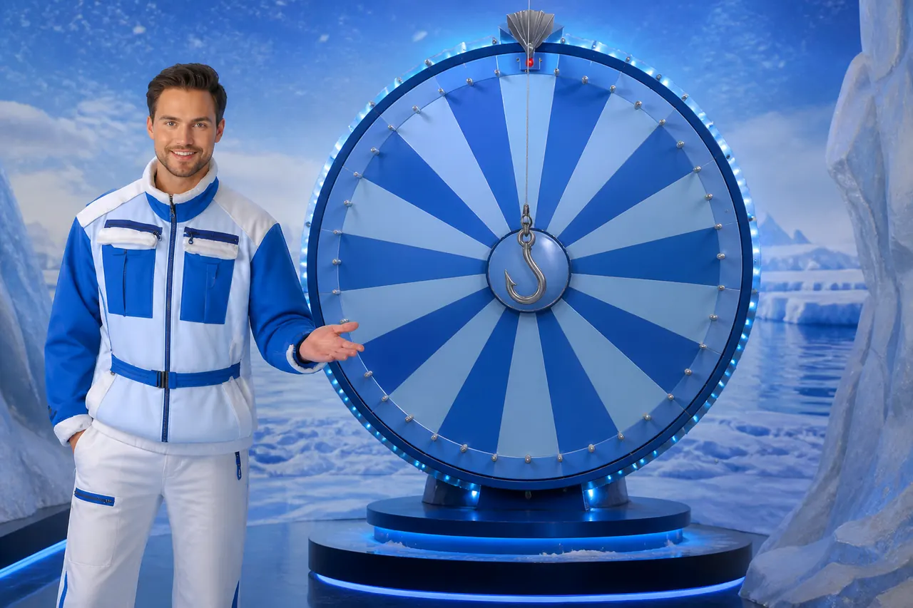 Wide live-studio camera of the Ice Fishing wheel, host, and hanging hook
