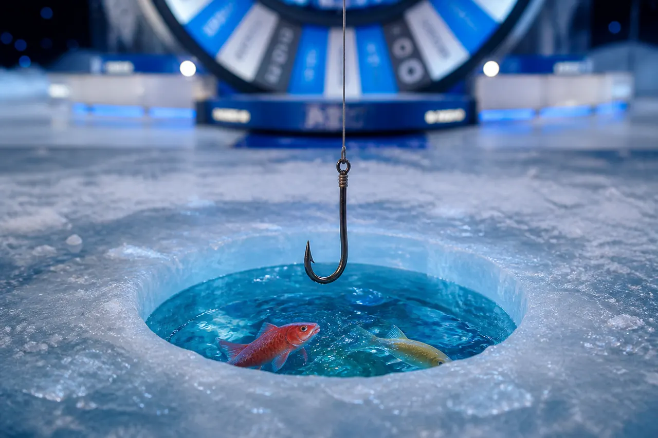 Bonus ice hole in the live studio with the hook lowering toward the water