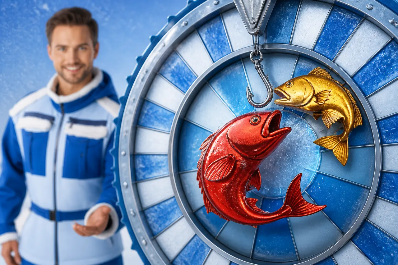 Live Ice Fishing wheel with the winter-suited host and hooked red and yellow fish