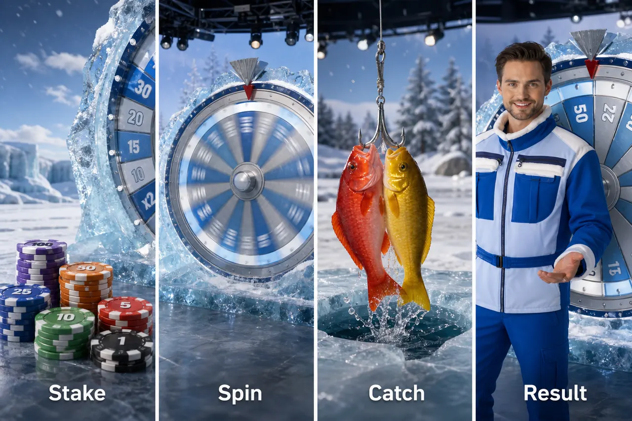 Ice Fishing Live round loop: stake, spin, catch, result